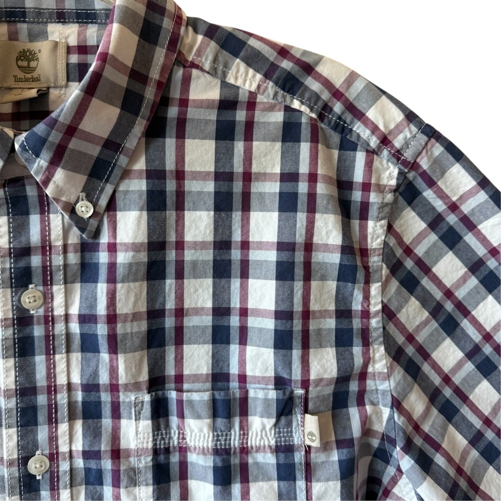 Timberland Mens Plaid Short Sleeve Button Down Shirt TB0A16CV Navy Burgundy L